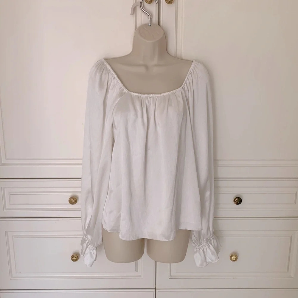 Ramy Brook New York size xs textured ribbed off white peasant blouse puff sleeve